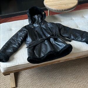 WILDA Black Leather Belted Jacket Fur Lined Jacket Removeable Hood Size XXL